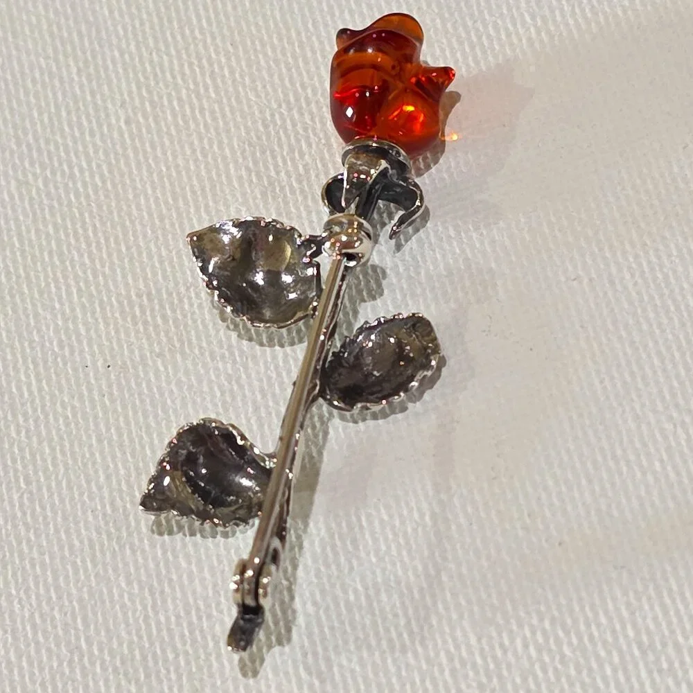 Vintage Carved Baltic Amber Rose Flower High Detail Sterling Silver Pin Brooch